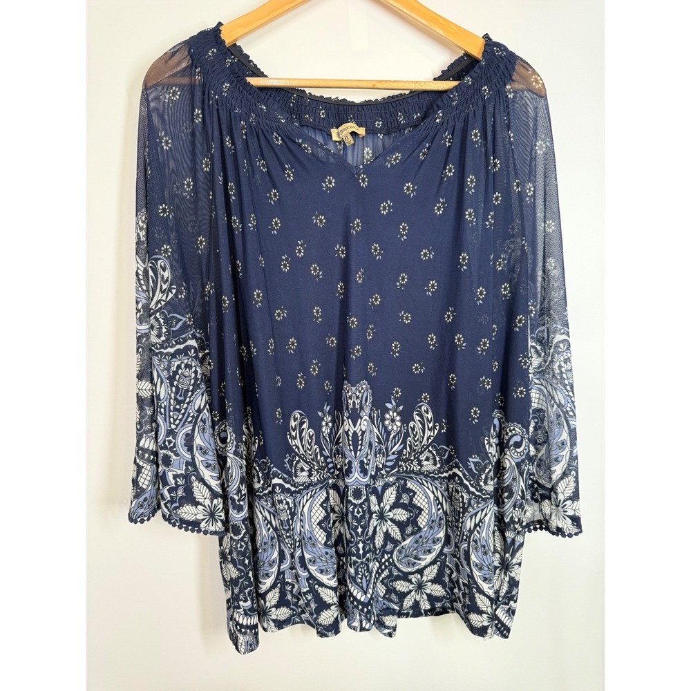 Democracy Womens Size 1X Navy Blue Floral Paisley Peasant Bell Sleeve Blouse Top - Picture 3 of 10